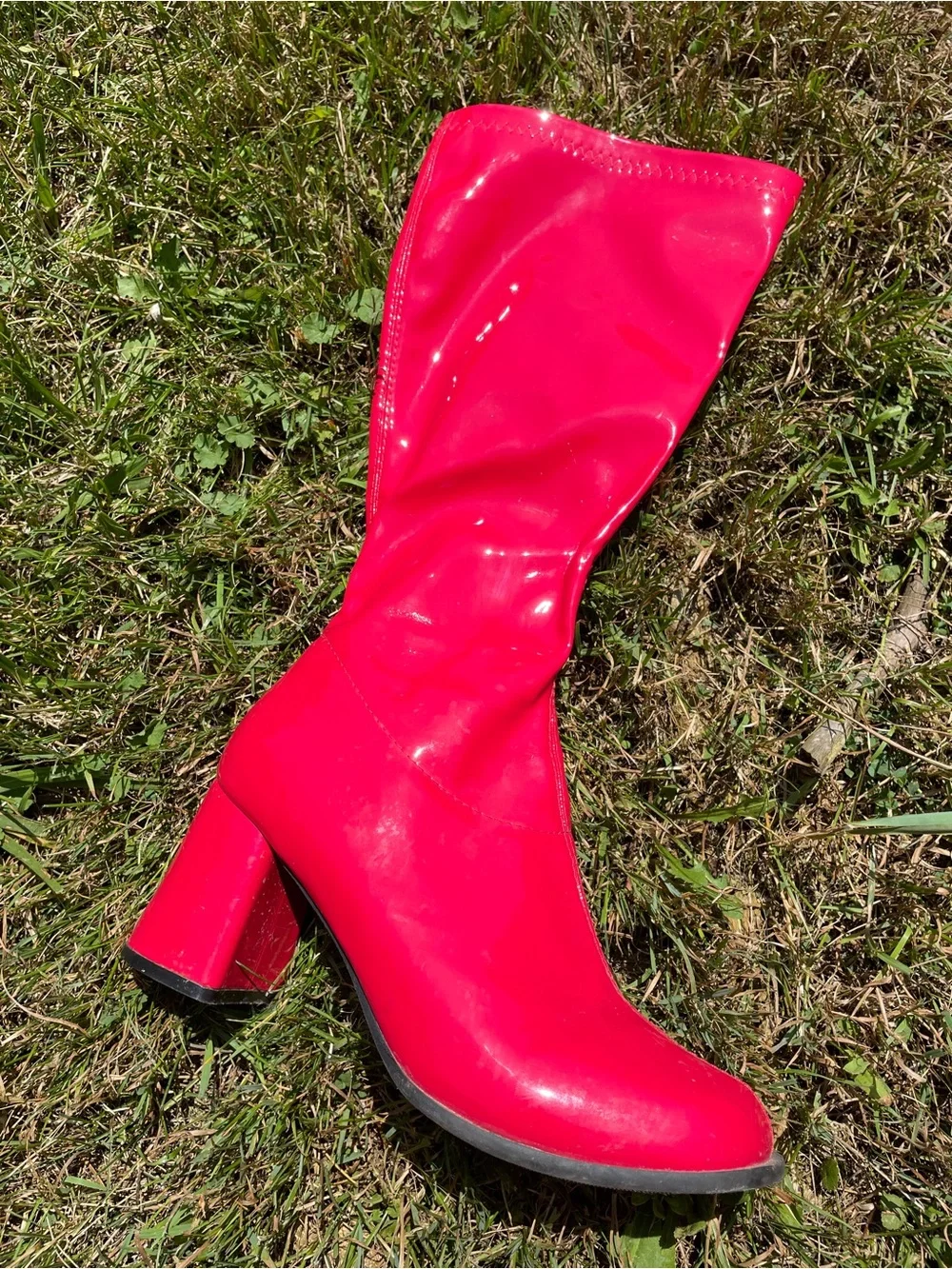 Red Patent Mid-Calf Block Heel Boots - Women
